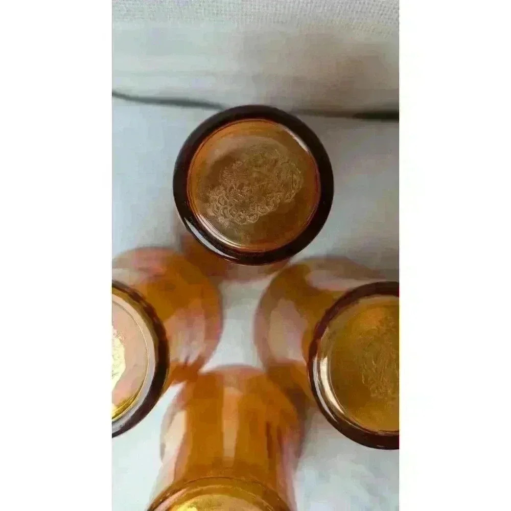 Set Of 4 Iridescent Carnival Drinking Glasses Fruit Motif 4" x3-1/4" Amber Color - Picture 7 of 14